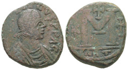 Justinian I, AD 527-565. AE, Follis. 15.12 g. 26.80 mm.Carthage. 
Obv: [D N IVSTINI]ANVS P P AVG. Diademed, draped, and cuirassed bust of Justinian I ...