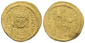 Justin II, AD 565-578. AV, Solidus. 4.50 g. 20.59 mm. Constantinople. 
Obv: DNI-VSTI-NVSPPAVC. Frontal bust of Justin II with shield and cuirass and w...