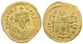Phocas, AD 602-610. AV, Solidus. 4.33 g. 21.40 mm. Constantinople.
Obv: δNFOCAS-PЄRPAVC. Frontal bust of Phocas bearded, wearing cuirass, paludamentum...