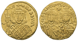 Constantine V Copronymus, Leo IV and Leo III, AD 741-775. AV, Solidus. 4.41 g. 19.85 mm. Constantinople.
Obv: COҺSτAҺτIҺOS S LЄOҺ O ҺЄOS. Crowned, equ...