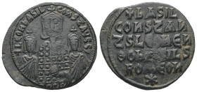 Basil I the Macedonian, Leo VI and Constantine VII. AD.867-886. AE, Follis. 5.15 g. 28.04 mm. Constantinople.
Obv: + LЄOҺ bASIL COҺST AЧGG. Basil I, c...