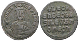 Leo VI the Wise, AD 886-912. AE, Follis. 6.87 g. 26.95 mm. Constantinople.
Obv: + LЄOҺЬAS-ILЄVSROM. Frontal bust of Leo VI with short beard wearing ch...