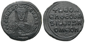 Leo VI the Wise, AD 886-912. AE, Follis. 9.19 g. 27.33 mm. Constantinople.
Obv: + LЄOҺЬAS-ILЄVSROM. Frontal bust of Leo VI with short beard wearing ch...