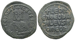 Leo VI the Wise, AD 886-912. AE, Follis. 5.10 g. 28.93 mm. Constantinople.
Obv: + LЄOҺЬAS-ILЄVSROM. Frontal bust of Leo VI with short beard wearing ch...