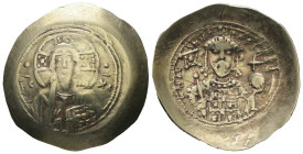 Michael VII Ducas, AD 1071 - 1078. EL, Histamenon Nomisma. 4.11 g. 29.10 mm. Constantinople.
Obv: IC-XC to left and right of bust of Christ facing, wi...