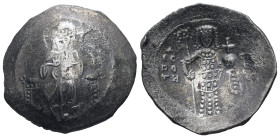 Alexius I Comnenus, AD 1081-1118. Bl, Trachy. 4.29 g. 26.30 mm. Philippopolis.
Obv: [+ KЄ BOHΘ AΛЄΞIω]. Christ seated facing on backless throne, with ...