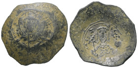 Alexius I, AD 1081-1118. Bl, Aspron Trachy. 4.04 g. 30.55 mm. Constantinople. 
Obv: IC-XC to left and right of Christ, nimbate, seated facing, holding...