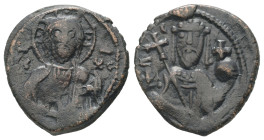 Alexius I Comnenus, AD 1081-1118. AE, Tetarteron. 2.84 g. 18.44 mm. Thessalonica.
Obv: IC-XC to left and right of nimbate bust of Christ facing, holdi...