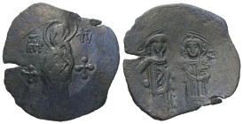 Andronicus I Comnenus (?), AD 1183-1185. AE, Trachy. 3.03 g. 28.99 mm. Constantinople.
Obv: MHP - ΘV. Virgin Mary standing facing on dais, nimbate, ho...