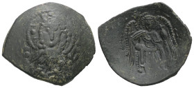 Latin Rulers of Constantinople. AD 1204-1261. AE, Trachy. 3.06 g. 26.65 mm. Constantinople.
Obv: IC / XC. Nimbate bust of Christ facing, wearing tunic...