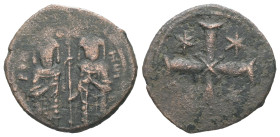 Andronicus II and Michael IX, AD 1282-1328. AE, Assarion. 2.55 g. 20.22 mm. Constantinople.
Obv: Andronicus, on left and Michael, on right, both stand...