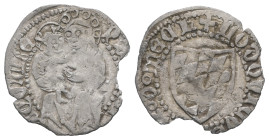 Italy. Ludovico II di Teck, AD 1412-1420. AR, Soldo. 0.38 g. 15.75 mm. 
Obv: Patriarchal coat-of-arms.
Rev: Virgin seated facing, holding infant Chris...
