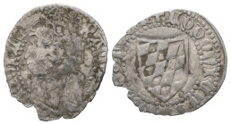 Italy. Ludovico II di Teck, AD 1412-1420. AR, Soldo. 0.49 g. 17.55 mm. 
Obv: Patriarchal coat-of-arms.
Rev: Virgin seated facing, holding infant Chris...