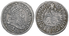 Hungary. Leopold I, AD 1674-1696. AR, 6 Kreuzer. 2.90 g. 26.10 mm. Pressburg.
Obv: LEOPOLDVS D G R I (VI) S A G H B REX. Leopold I facing right.
Rev: ...