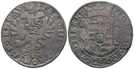 German states. Ferdinand III, AD 1637-1657. AR, 28 Stüber. 15.10 g. 39.83 mm.
Obv: FLOR AN GV C O (28) E D D I I E K. Crowned arms.
Rev: FERD III D G ...