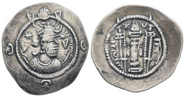 Sasanian Empire. AR, 3.96 g. 29.50 mm.
Obv: King’s bust to right.
Rev: Sasanian-style fire altar flanked by two attendants.
Very Fine.