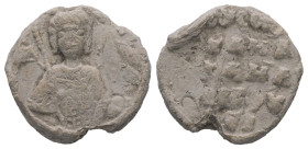 PB Byzantine metrical seal of Michael (c. 11th century AD)
Obv.: Bust of the Archangel Michael, wings outspread, holding a trefoil scepter in his righ...