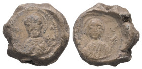 PB Byzantine anonymous seal (12th–13th century AD)
Obv.: Bust of the Mother of God, hands upraised in orans position, nimbed. Sigla preserved at right...