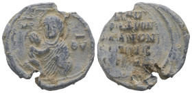 PB Byzantine seal of Stephen, proedros (11th century AD)
Obv.: Bust of the Mother of God holding the Child in her right arm. Sigla at left and right: ...