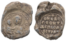 PB Byzantine seal of Leo, protospatharios and strategos (11th century AD)
Obv.: Bust of the Mother of God, holding the Child in her right arm. Sigla t...