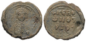 PB Byzantine seal of John, notarios (11th century AD)
Obv.: Bust of the Archangel Michael holding a trefoil sceptre over his right shoulder. Inscripti...