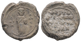 PB Byzantine lead seal (11th century AD)
Obv.: St Nicholas standing, holding the book with his left hand and offering a blessing with his right. Inscr...