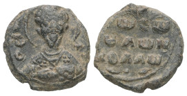PB Byzantine seal of Nicholas (11th century AD)
Obv.: Bust of St John Chrysostom holding the book and offering a blessing. Inscription on either side:...