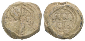 PB Byzantine seal of John (c. 11th century AD)
Obv.: Bust of St George holding a spear and shield. Inscription : [ὁ ἅ(γιος) Γεώ]ργ(ιος). Border of dot...