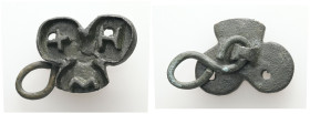 AE Byzantine bronze bread-stamp (AD 5th–6th century)
Bronze bread-stamp with two letters beginning with a cross: +HM. Traces of handle on the plain ba...