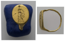 Greco-Roman gold finger ring (1st–3rd century AD)
Gold finger-ring; oval bezel, with engraved design: draped female figure, holding a spear.
Weight: 2...