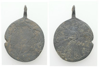 Byzantine lead amulet featuring a hystera motif and zoomorphic imagery (c. 10th century AD)
Lead amulet. The obverse depicts the hystera—a central fem...