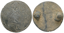 Byzantine bronze appliqué depicting St. Thomas (c. 10th–12th century AD)
Bronze roundel with two attachment rivets on the reverse, indicating use as a...