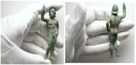 Bronze figurine (1st–3rd century AD)
Bronze figurine of a nude male wearing a petasos, possibly Hermes, holding a kerykeion? in his raised right hand,...