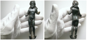 Greco-Roman bronze figurine of Zeus (1st–3rd century AD)
A bronze figurine of Zeus standing nude, bearded, with long wavy hair. The figure is depicted...