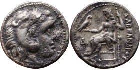 Alexander III (336-323 BC) Drachm Obverse: Head of Herakles to right, wearing lion skin headdress Rev: Zeus seated left on low throne, holding long sc...