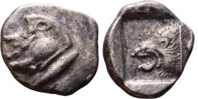 Kyzikos, Mysia (V century BC) Silver coin. Obv: Forepart of running boar left, tunny fish swimming upwards behind Rev: Head of roaring lion left, with...