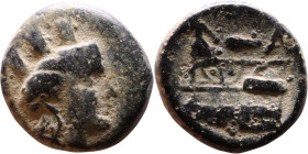 Phoenicia Arados (II Century BC) Bronze coin. Obverse: Turreted head of Tyche right Reverse: Poseidon on prow of galley left.

15mm 4,29g
