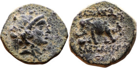Antiochos VI Dionysos (Seleukid King: 145-141 BC). AE bronze. Obv.: radiate and wreathed head r. Rev.: elephant standing l., holding torch with trunk;...