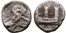 PHOENICIA: Sidon (4th century) Silver coin Obverse: War-galley to left before battlemented city wall with three towers, two lions back to back in exer...