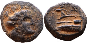 Phoenicia Arados (II Century BC) Bronze coin. Obverse: Turreted head of Tyche right Reverse: Poseidon on prow of galley left.

16mm 2,53g

Artific...