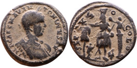Elagabalus (218-222) Tyre, Bronze coin. Obv: Laureate, draped bust of emperor. Rev: Astarte standing facing holding sceptre, left foot on prow, right ...