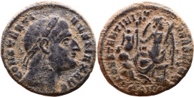 Constantine I (306-337 AD). AE. Follis, Obv: Diademed head right, eyes raised to God Rev: CONSTANTINIANA DAFNE, Victory seated left on cippus, head ri...