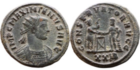 Maximianus. (286-305 ). Æ Antoninian. Obv: Radiate cuirassed bust of Maximianus right. Rev: CONCORDIA MILITVM. Jupiter standing left presents Victory ...