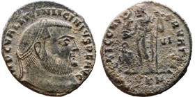Licinius I (308-324 AD) follis. Obv: Cuirassed bust of Licinius Rev: Jupiter standing left, chlamys across left shoulder, leaning on scepter with eagl...
