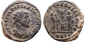 Diocletian (284-294 AD). Antoninianus. Obverse: Bust of Emperor, radiate, draped, right. Reverse: Jupiter standing right holding sceptre and orb facin...