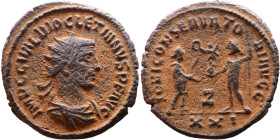 Diocletian (284-294 AD). Antoninianus. Obverse: Bust of Emperor, radiate, draped, right. Reverse: Jupiter standing right holding sceptre and orb facin...