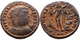 Licinius I (308-324 AD) follis. Obv: Cuirassed bust of Licinius Rev: Jupiter standing left, chlamys across left shoulder, leaning on scepter with eagl...