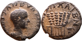 Julia Domna (wife of Septimus Severus) Bronze coin Obv: Draped bust of empress. Rev: sheaf of six corn-ears.

21mm 4,61g

Artificial sand patina