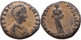 Aelia Flaccilla (379-386) Follis Obverse: AEL FLAC-CILLA AVG, diademed and draped bust Reverse: SALVS REI-PVBLICAE, Empress standing facing, head righ...