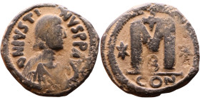 Justin I (518-527) Follis Obverse: DN IVSTINVS PP AVG, diademed, draped, and cuirassed bust right Reverse: Large M, Mintmark

32mm 16,28g

Artific...